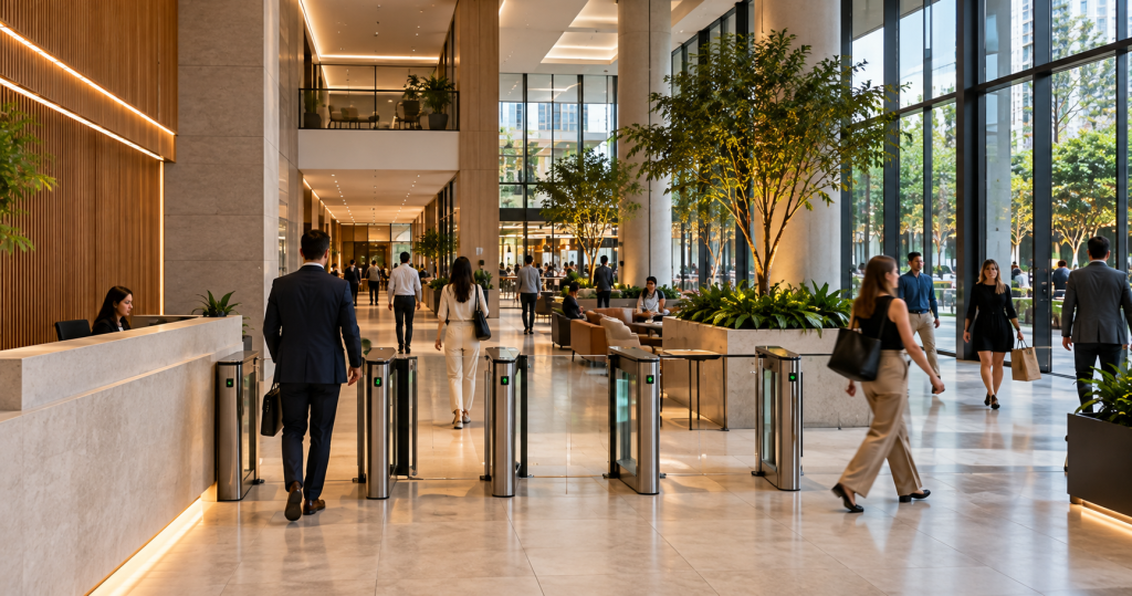 Lobby compartilhado em empreendimentos mistos com públicos diferentes circulando