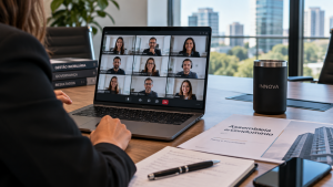 Notebook exibindo assembleia virtual de condomínio com participantes em videoconferência