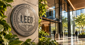 Placa de certificação LEED Platinum na entrada de um edifício corporativo