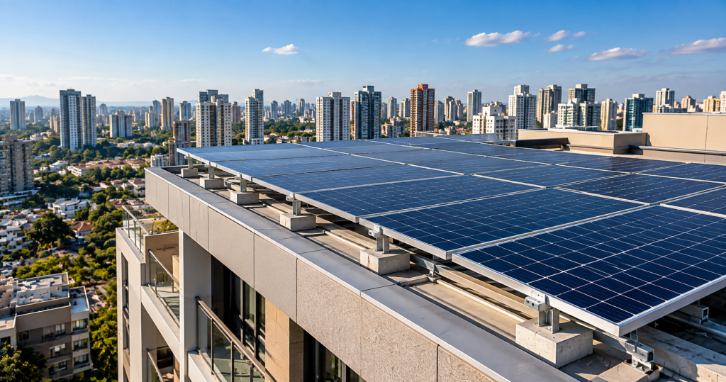 Painéis de energia solar em condomínios instalados na cobertura de um edifício