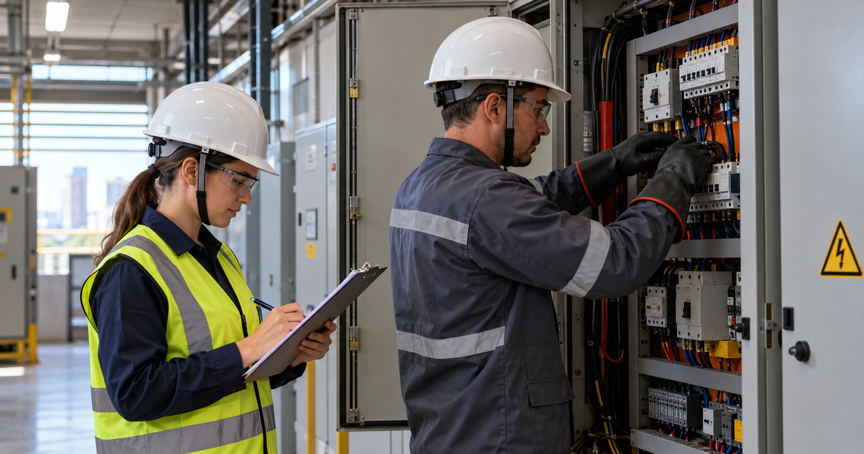 Técnico com EPI em serviço elétrico seguindo as Normas Regulamentadoras em empreendimento