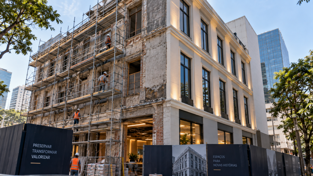 Obra de retrofit de edifícios com fachada em processo de requalificação