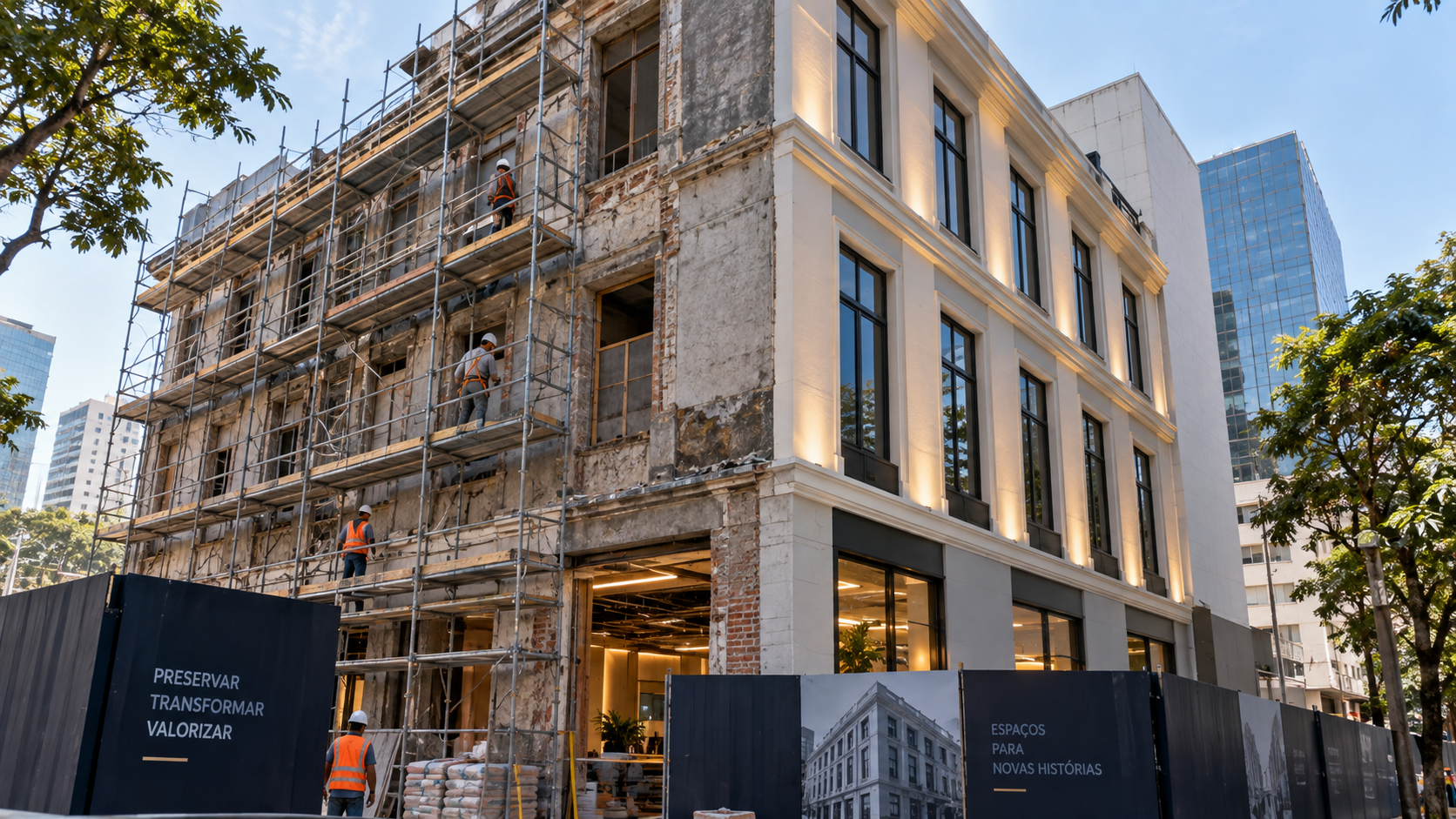 Obra de retrofit de edifícios com fachada em processo de requalificação