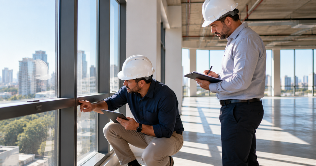 Profissionais realizando vistoria imobiliária em um edifício corporativo