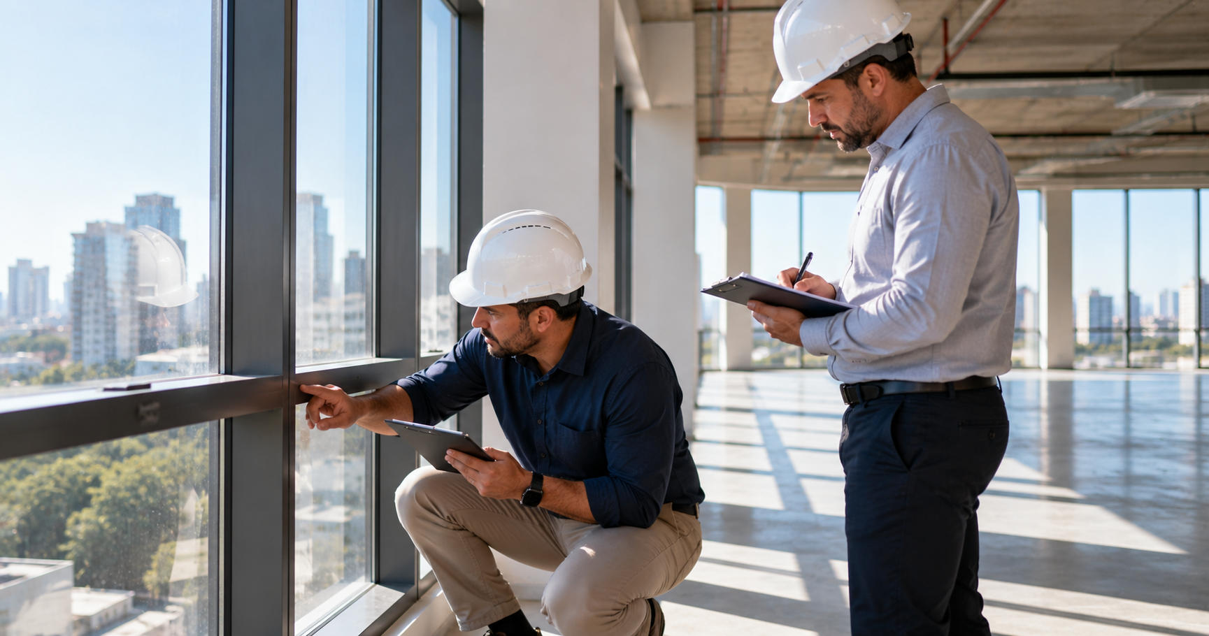Profissionais realizando vistoria imobiliária em um edifício corporativo